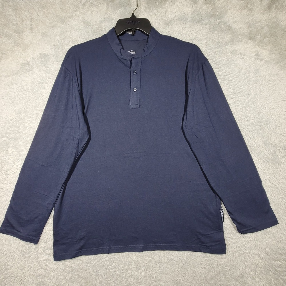 Van Laack Henley Shirt Mens Large Navy Blue Lufthansa Long Sleeve Band Collar‎